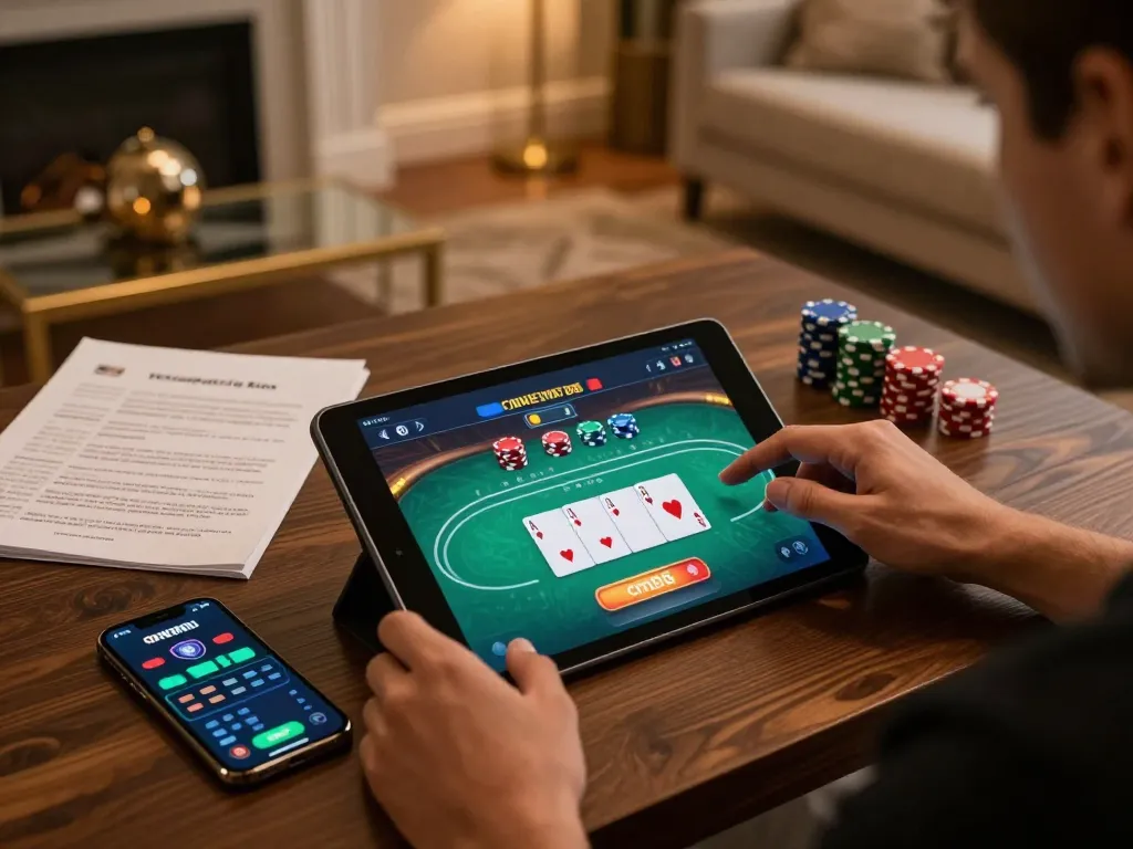 Engaged player strategizing poker on cm88.com in a stylish home setting with a tablet.