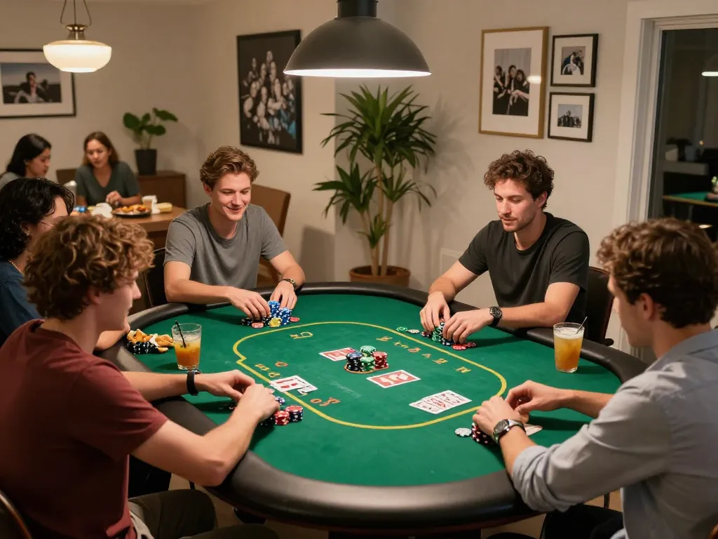 Players enjoying a lively poker game at home, highlighting the excitement of J188 com online gaming.
