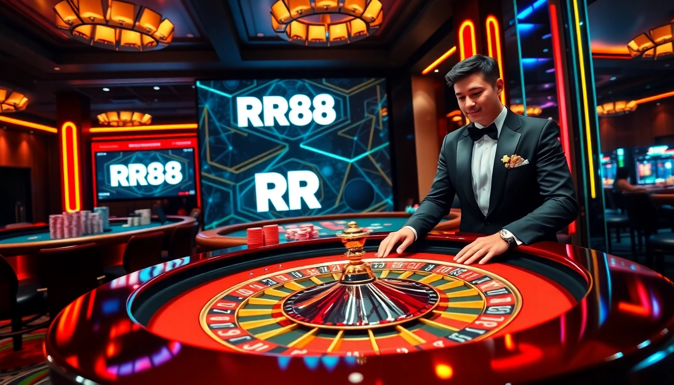 Excited players at RR88 casino enjoying a high-stakes game night with roulette and poker chips.