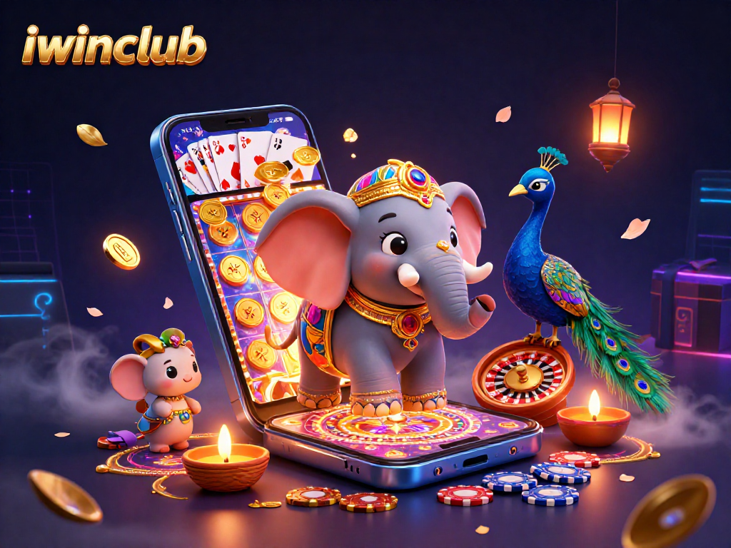 iwinclub showcases thrilling online entertainment with a playful elephant, peacock, and dynamic casino elements.