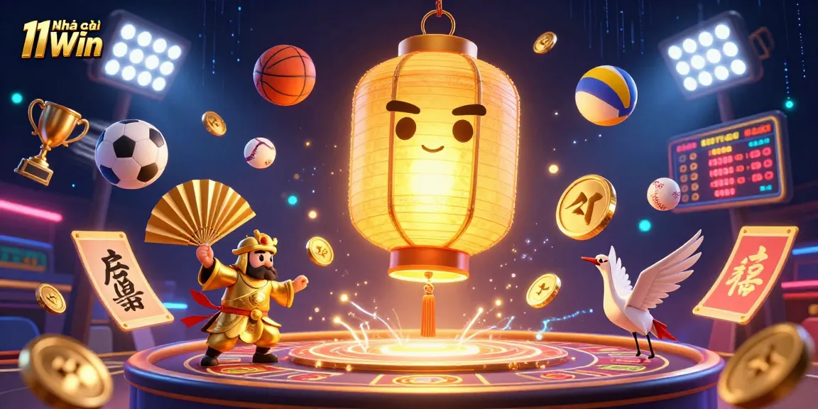 Experience thrilling sports betting adventures with Nhà cái 11Win in this dynamic 3D gaming illustration.