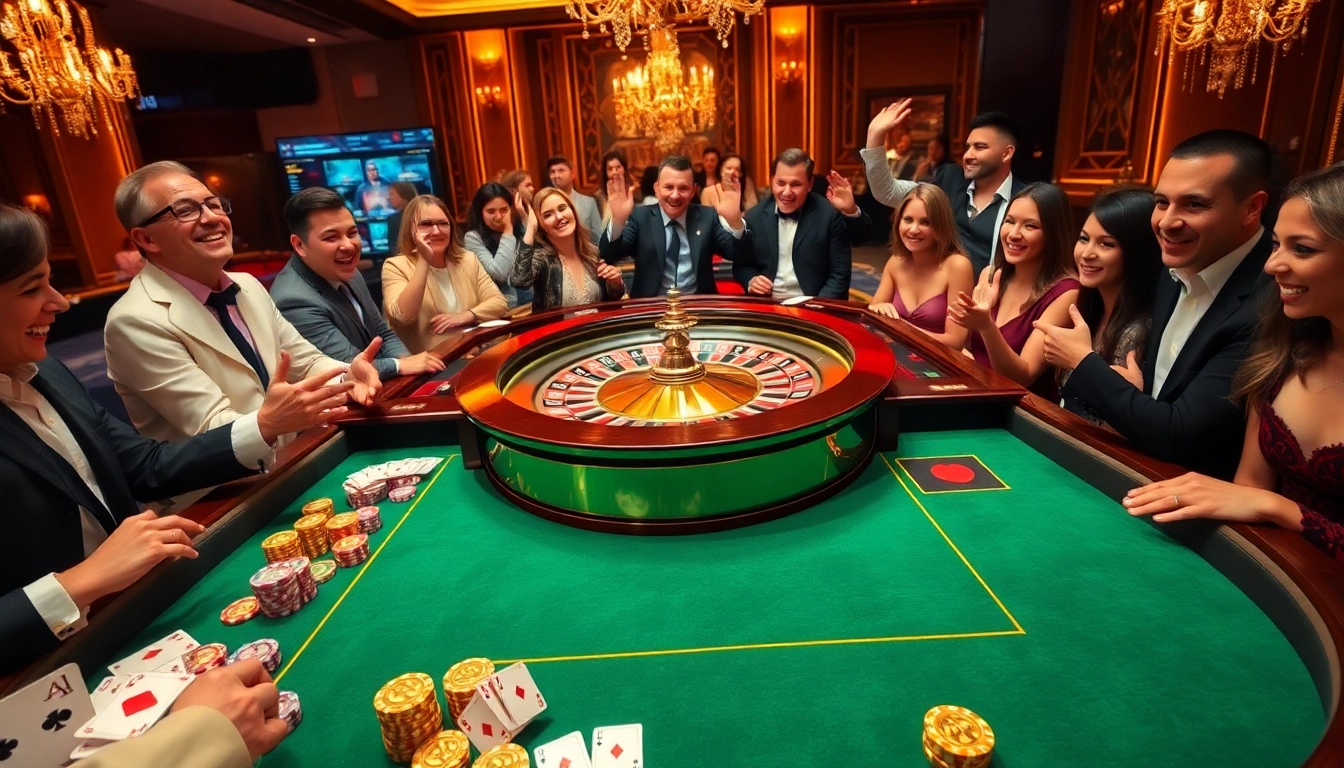 Excited players at a lavish casino roulette table, highlighting the thrill of 789b gambling.