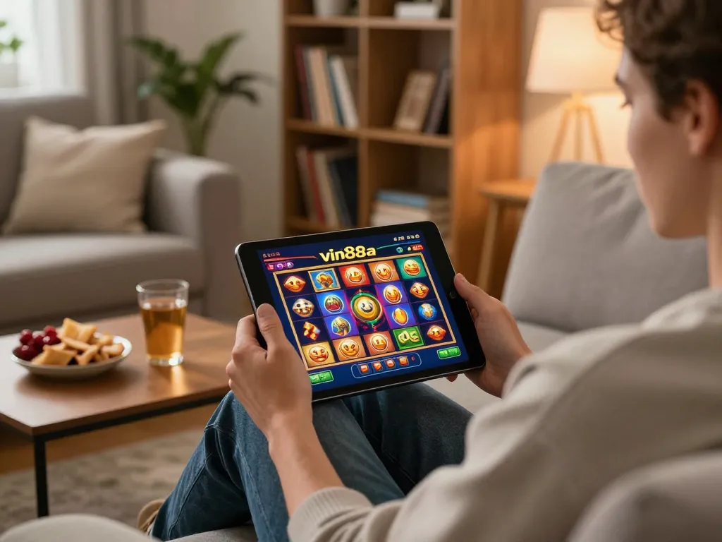 Engaging with vin88a online casino app on tablet in a cozy home setup.