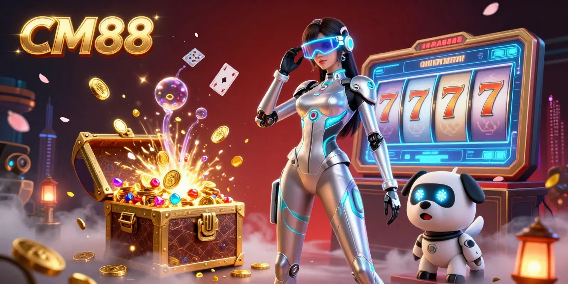 Engage in thrilling gaming at CM88 with a captivating 3D casino scene filled with vibrant elements.