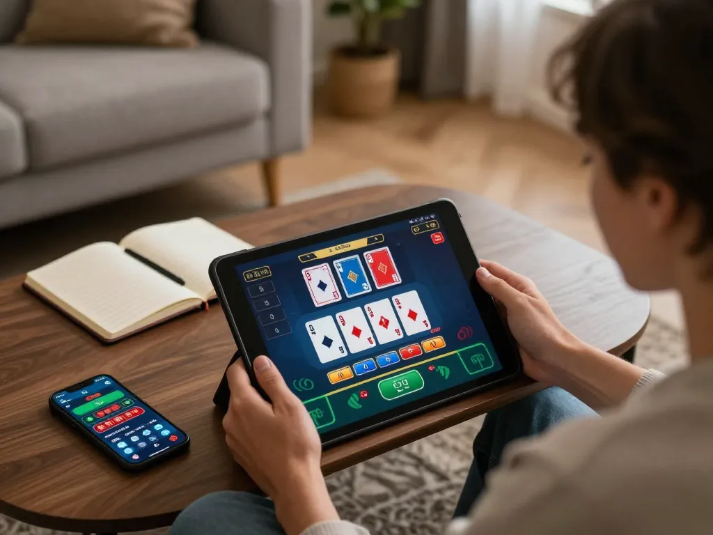 Player engaging with online casino sp8beta blackjack game on tablet in cozy living room setting.
