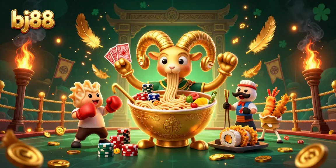 Engage with the energetic bj88 casino scene featuring lively noodle-themed characters and a vibrant betting arena.