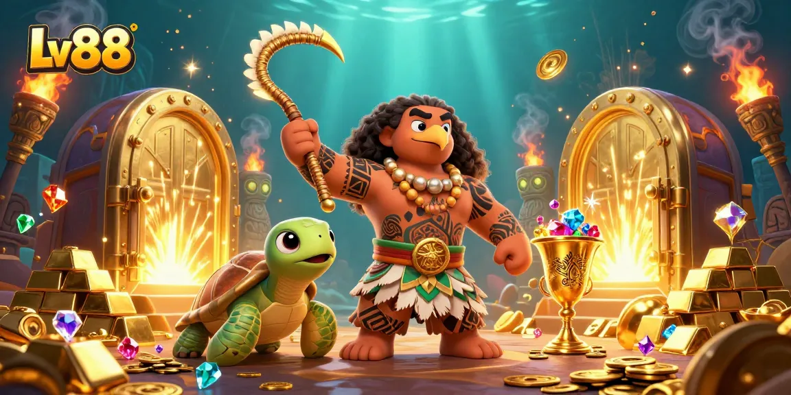 Experience winning with Lv88 in a vibrant casino-themed illustration featuring treasures and games.