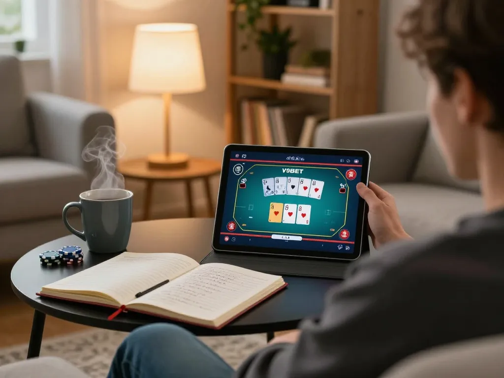 Engaged player accessing V9BET poker on tablet in cozy home setting, highlighting strategic gaming elements.