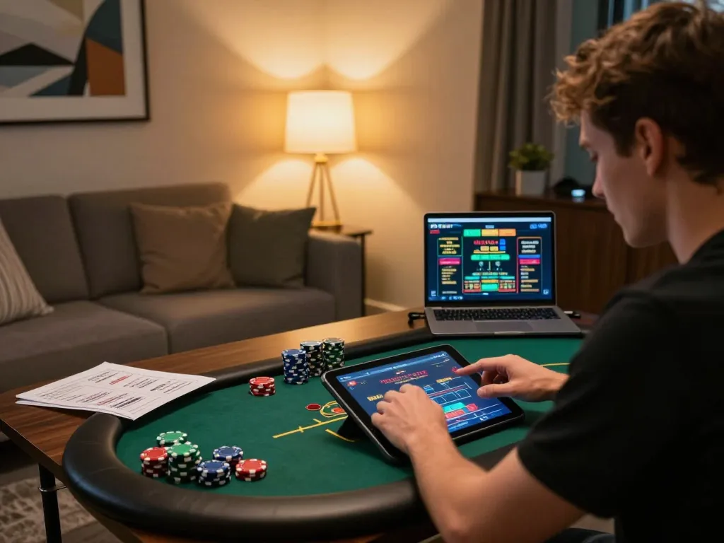 UU888 player focused on poker strategy while gaming online at home, surrounded by chips and notes.