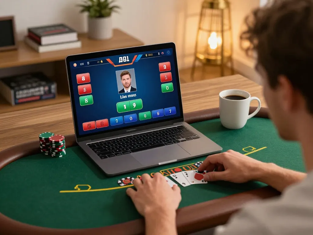 Player enjoying live dealer blackjack on lc88 with laptop, showcasing engaging online gambling experience
