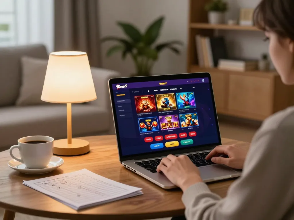 Engage in online gaming on the 98win9 platform using a laptop in a cozy environment while tracking strategies.