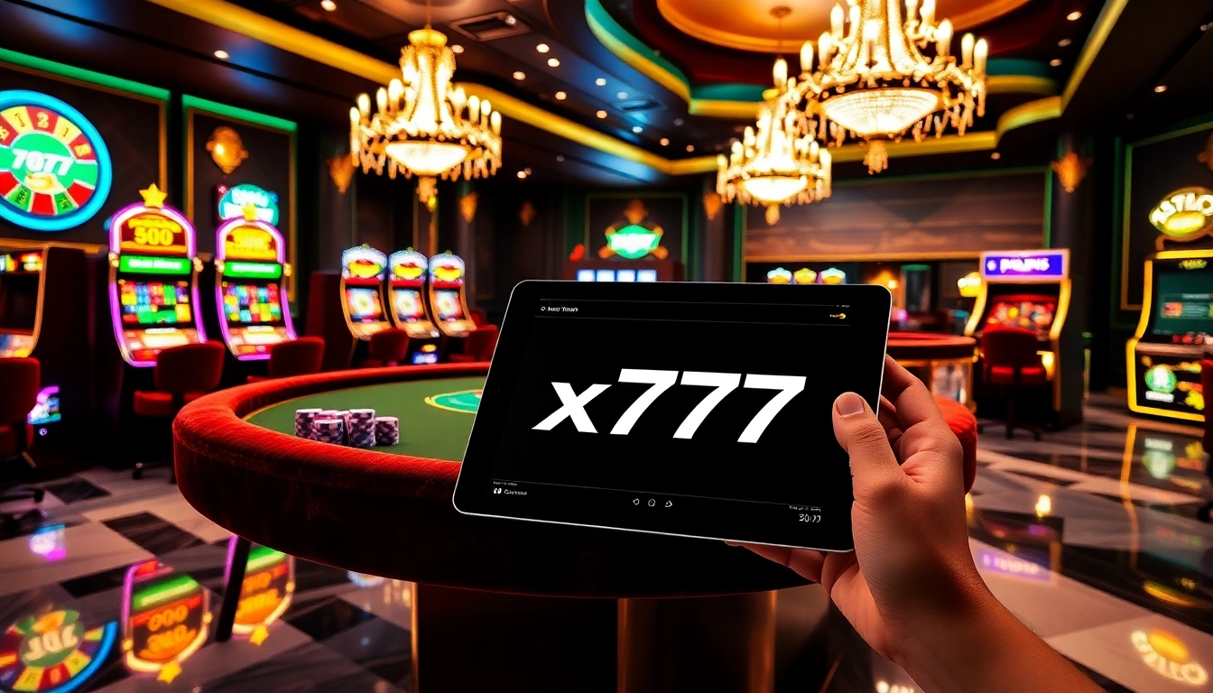 x777 players enjoying lively casino games with vibrant slot machines and an elegant roulette wheel.