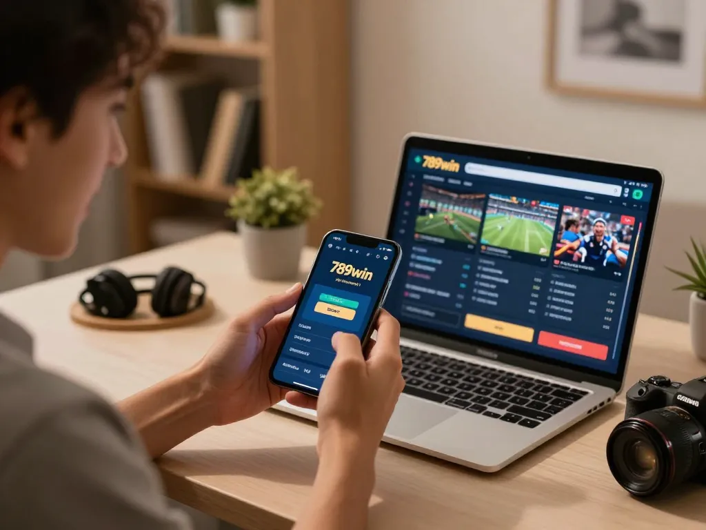 Engaged sports bettor using 789win on smartphone, celebrating a winning bet in stylish home office.
