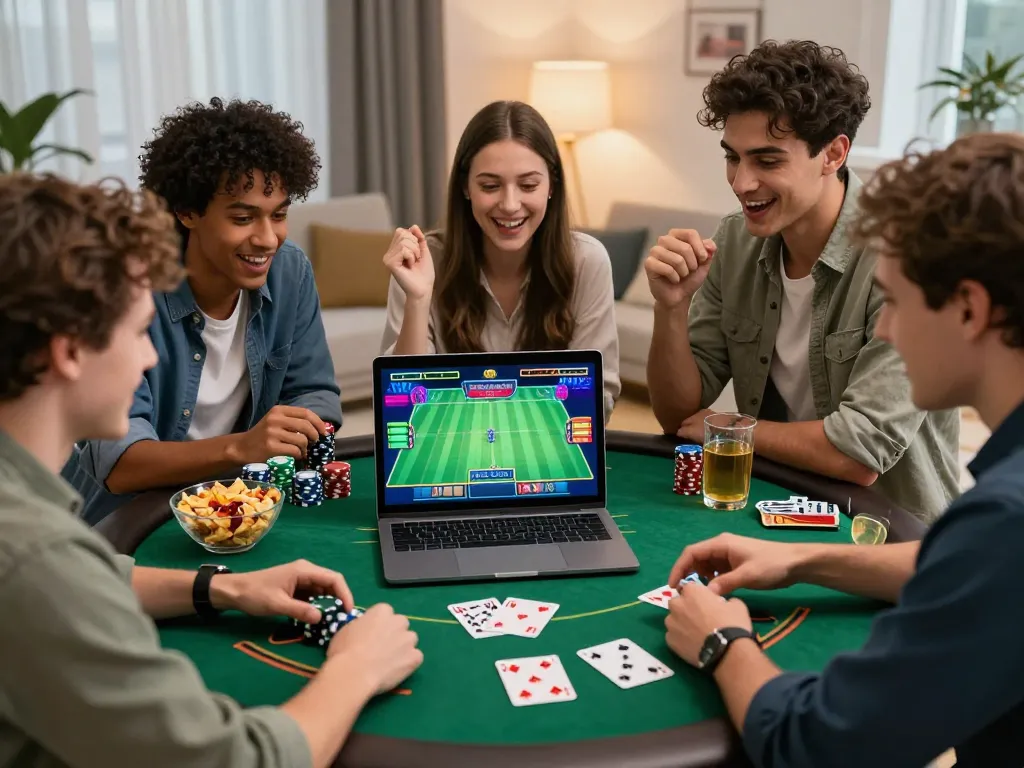 Excited friends engaging with https://hapify.io/ while placing online bets on sports, showcasing a vibrant gaming atmosphere.