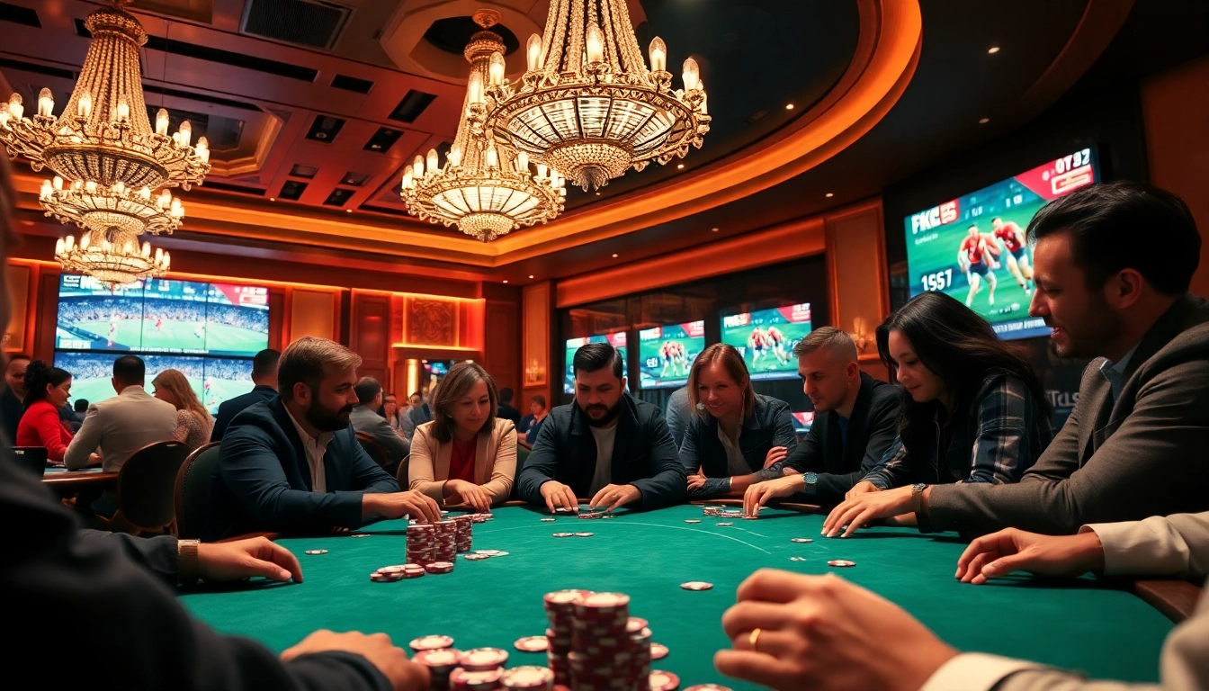 Players enjoying a thrilling poker game while streaming from https://xoilac.review/, surrounded by a vibrant casino atmosphere.