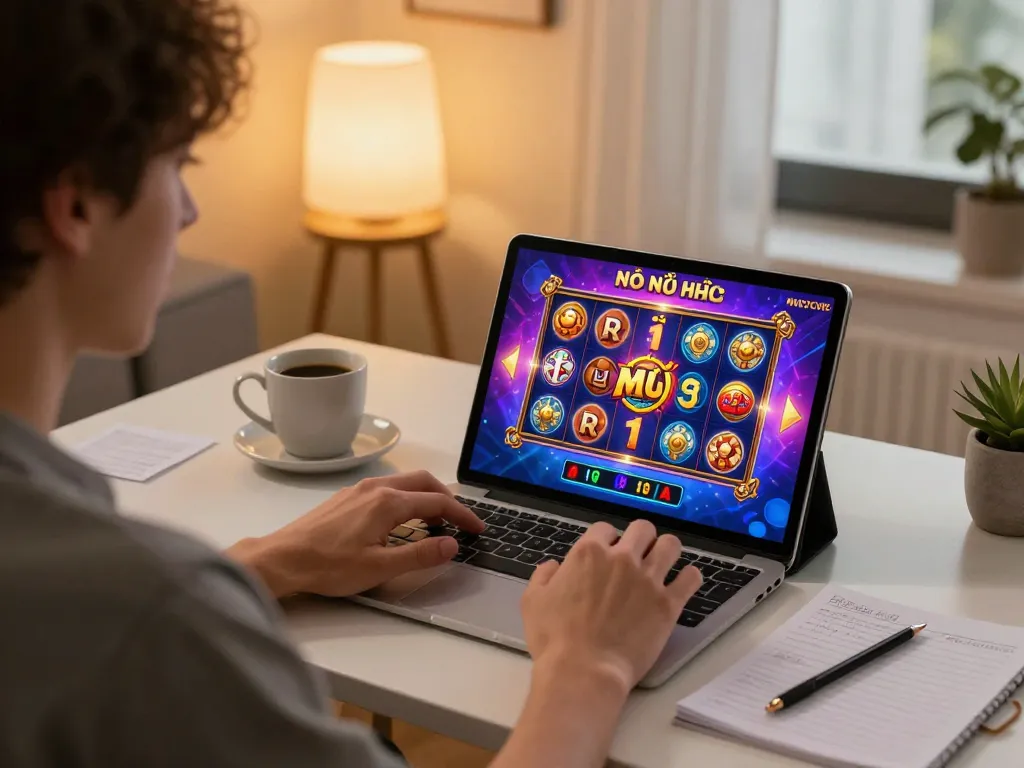 Playing game nổ hũ on a tablet with vibrant graphics and strategy notes visible