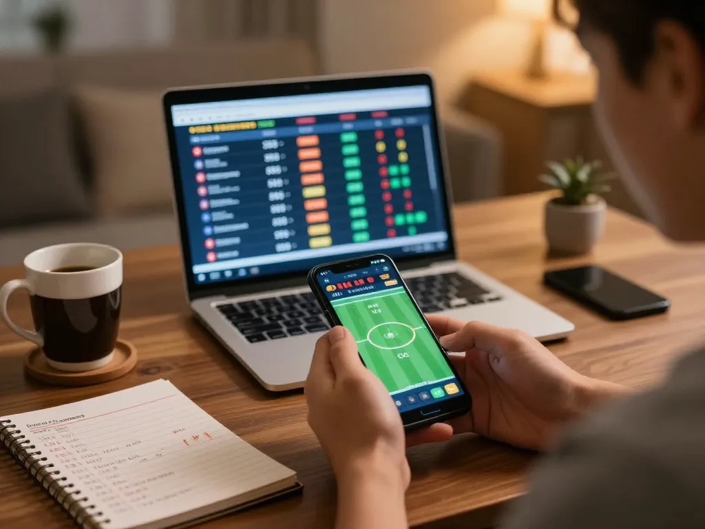 Person placing sports bets on o8 app while tracking live odds on laptop in a cozy home setup.