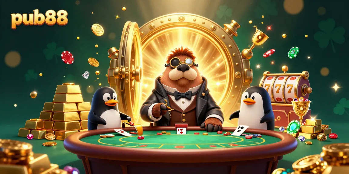 Experience exciting gaming moments at Pub88 with a jolly walrus and poker action in a vibrant casino scene.