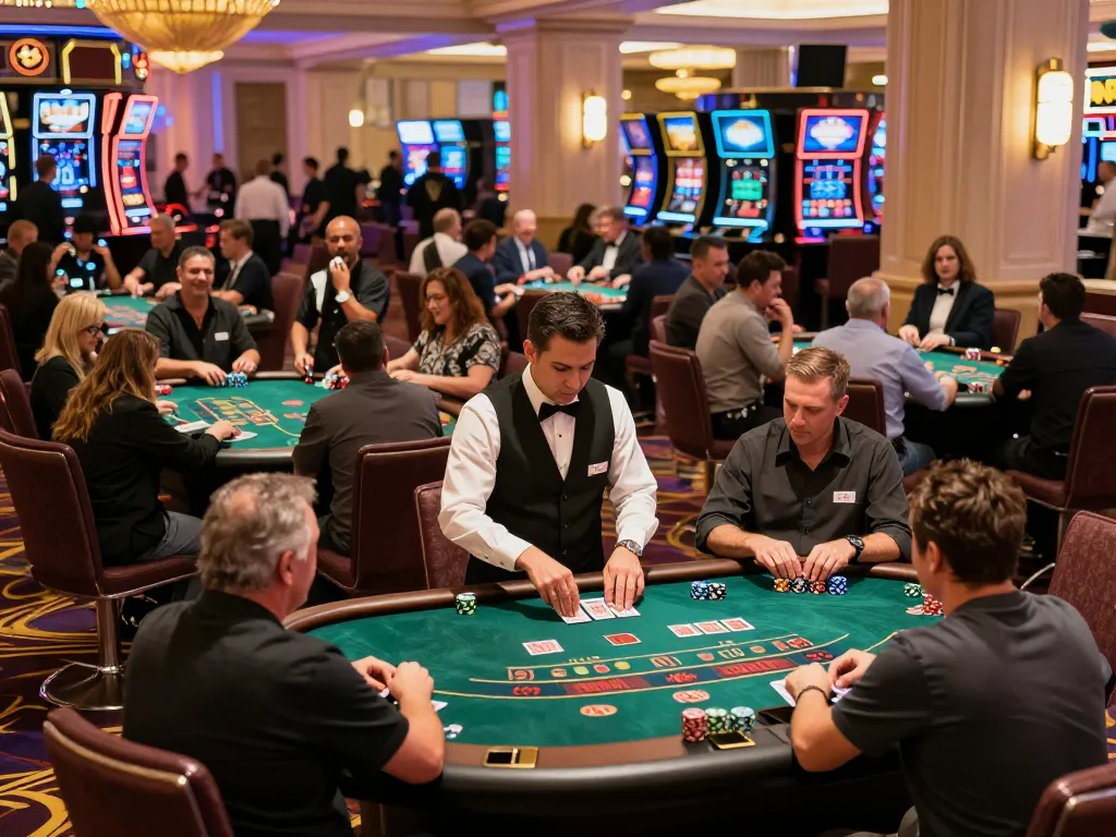 Engaged players at a TX88 blackjack table in a lively Vegas casino, showcasing high-stakes action and strategic gameplay