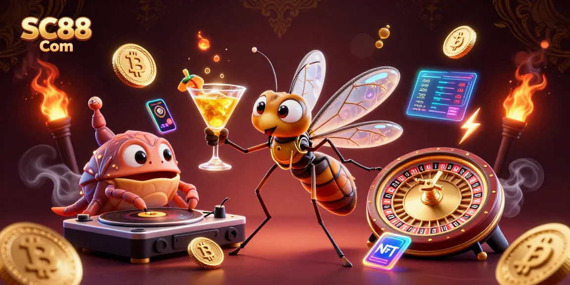 Experience exciting gaming at SC88 Com with vibrant 3D casino characters and crypto elements.