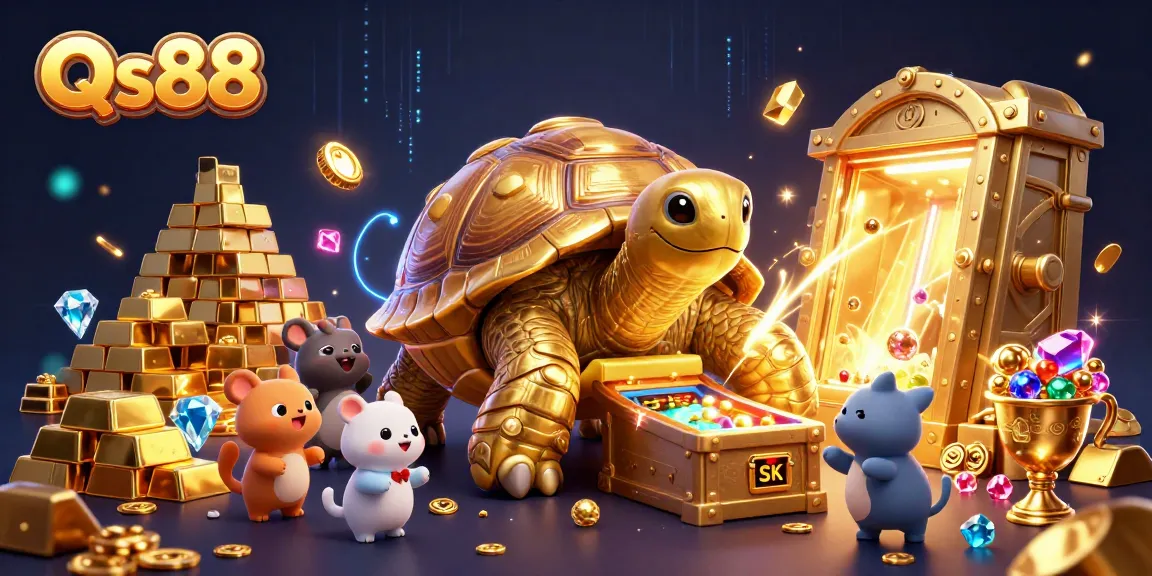 Engage in thrilling gameplay with Qs88's dynamic casino scene featuring vibrant characters and rich treasures.