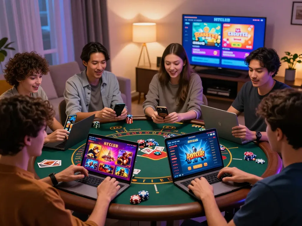 Hitclub users enjoying vibrant online gaming on various devices in a modern living room.