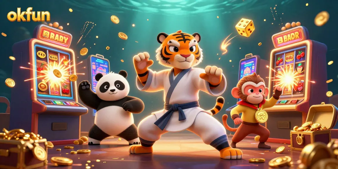 Experience excitement with okfun slots featuring a kung fu tiger and panda duo in a playful casino scene.