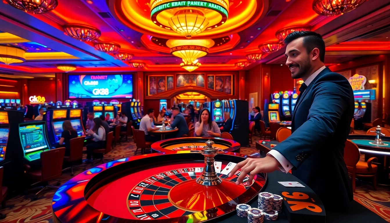 Experience the excitement of gk88 casino games with vibrant roulette and slot machine visuals.