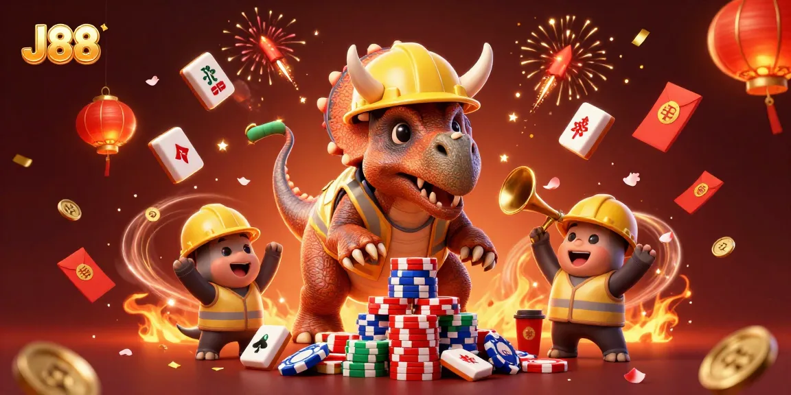 Experience exciting casino action with J88 as a triceratops builds poker chip pyramids!