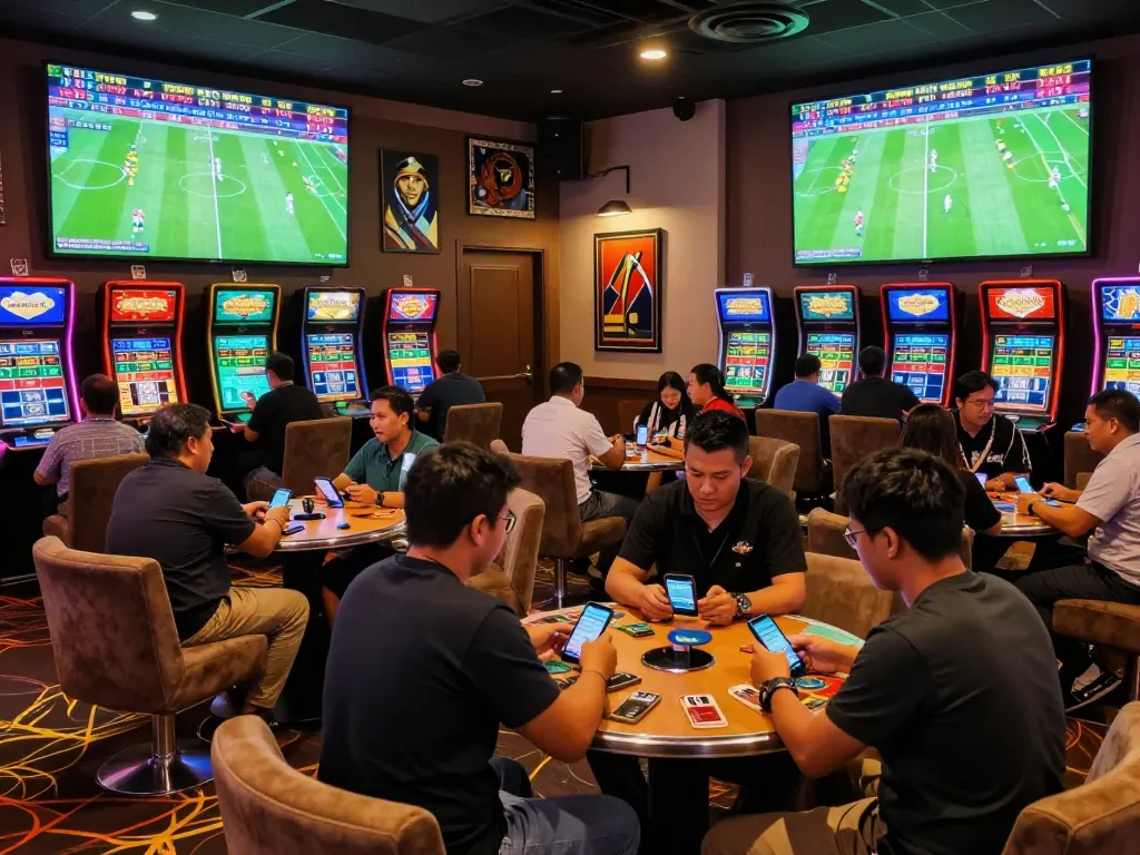 Bettors engaging with kèo nhà cái in a lively sports betting lounge, analyzing odds and placing bets.