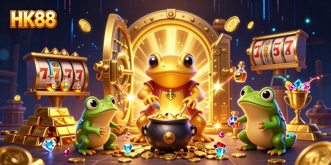 Experience the thrill of HK88 with golden coins, slot reels, and magical alchemical elements.