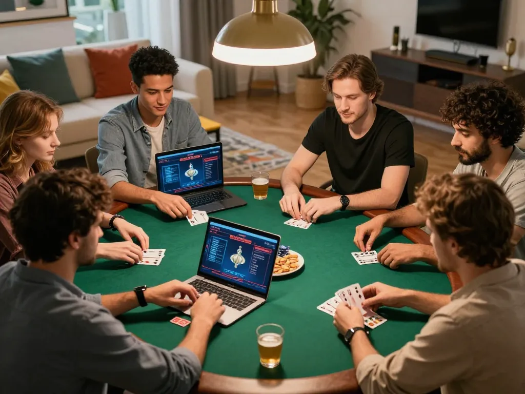 Friends strategizing their poker bets on sgwin66 in a cozy home environment