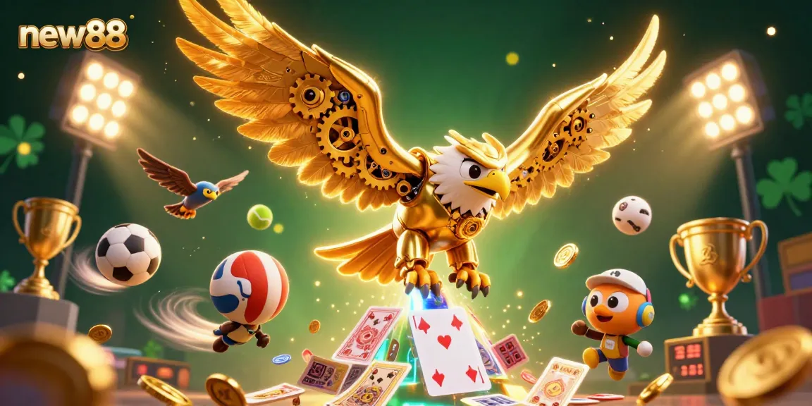 Bet on vibrant games with new88 through an epic casino scene featuring a golden eagle.