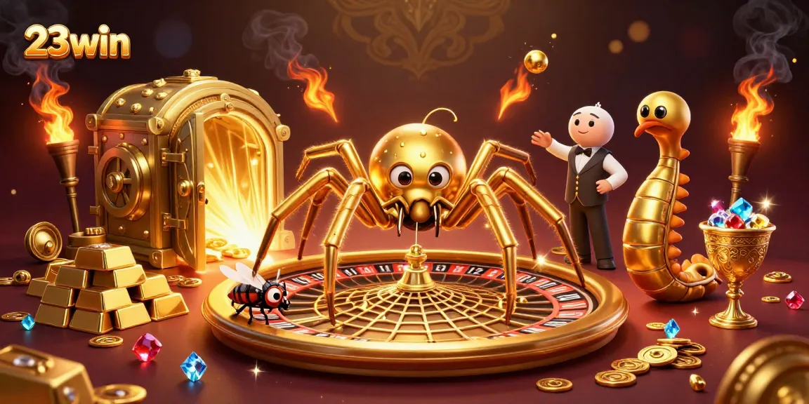 Experience thrilling bets with 23win's golden roulette wheel and dynamic gaming characters.