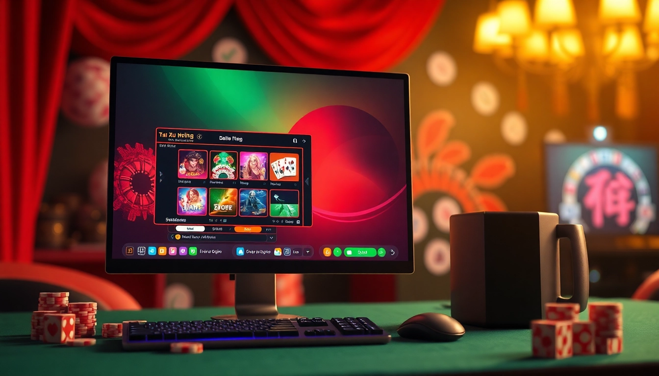 Engage in tài xỉu online with a vibrant digital setup showcasing thrilling gaming action and casino elements.
