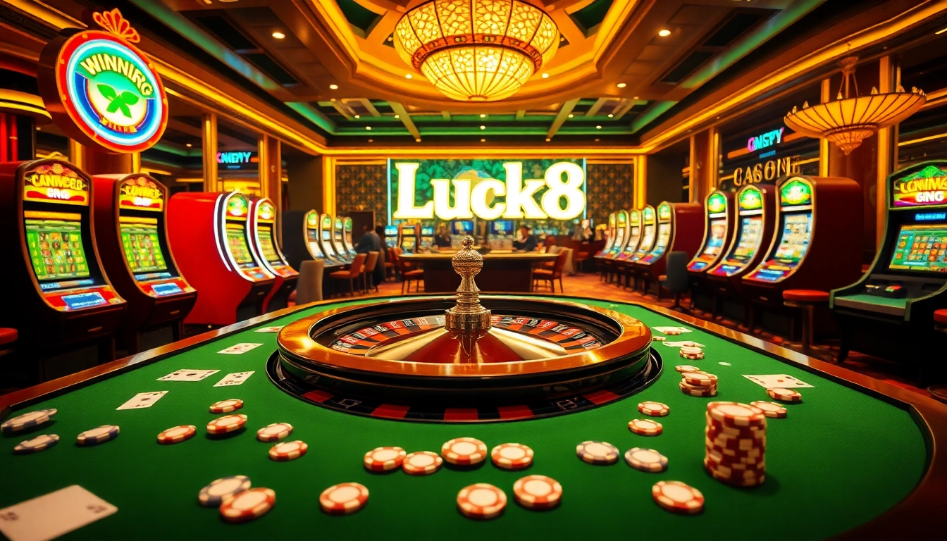 Luck8-themed casino scene showcasing exciting roulette table action with players and vibrant gaming elements.