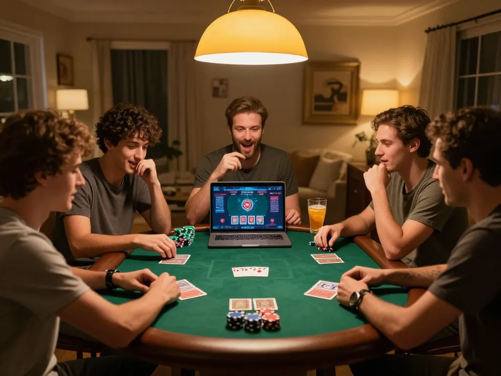 Engaging online poker game with friends showcasing 56WIN platform in cozy home setting