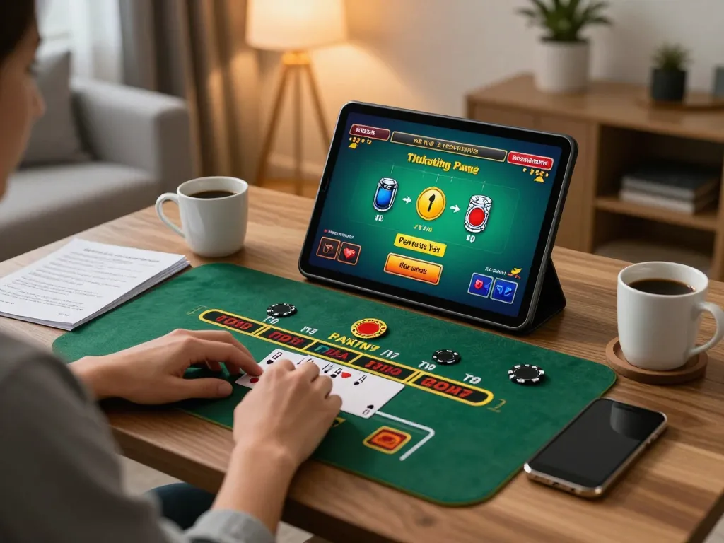 Playing live dealer games on 8kbetcom in a cozy home setup, engaging with strategic gameplay.