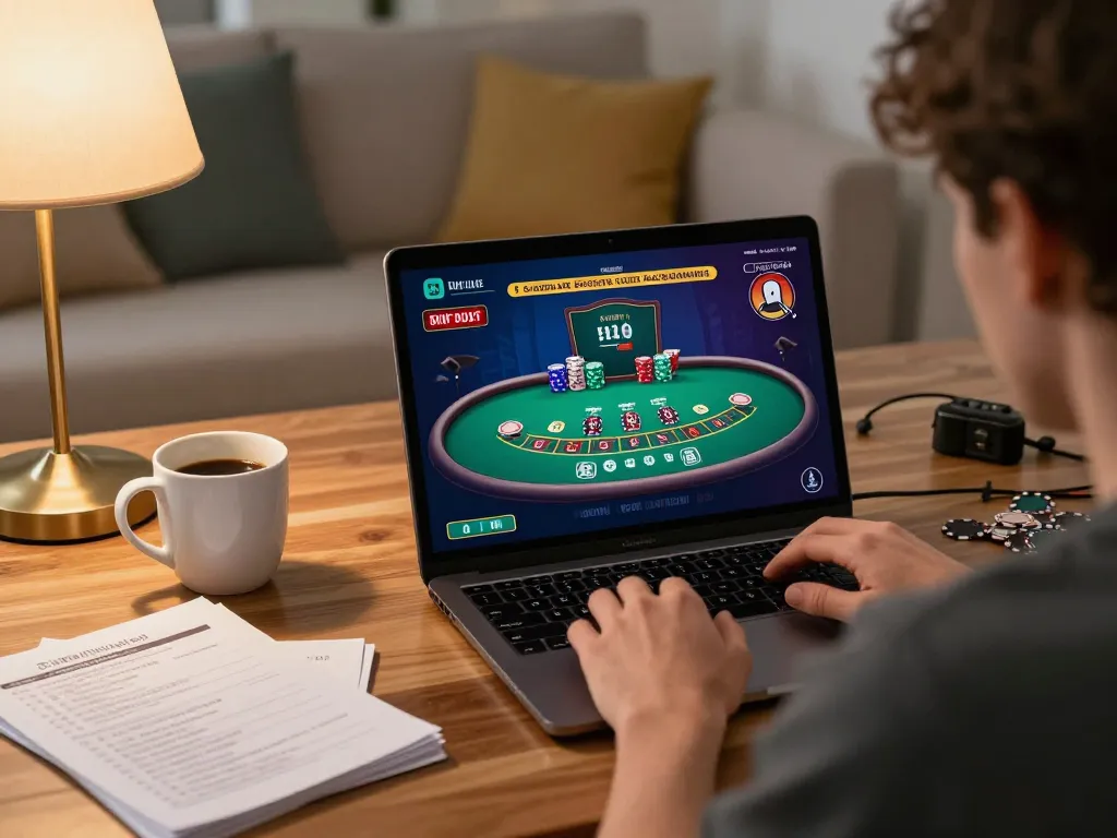 G28 online gamer enjoying blackjack on a laptop with strategy notes nearby.