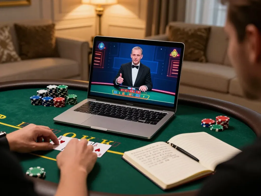 Player enjoying mm88 live blackjack, showcasing strategies and chips in a cozy home setting