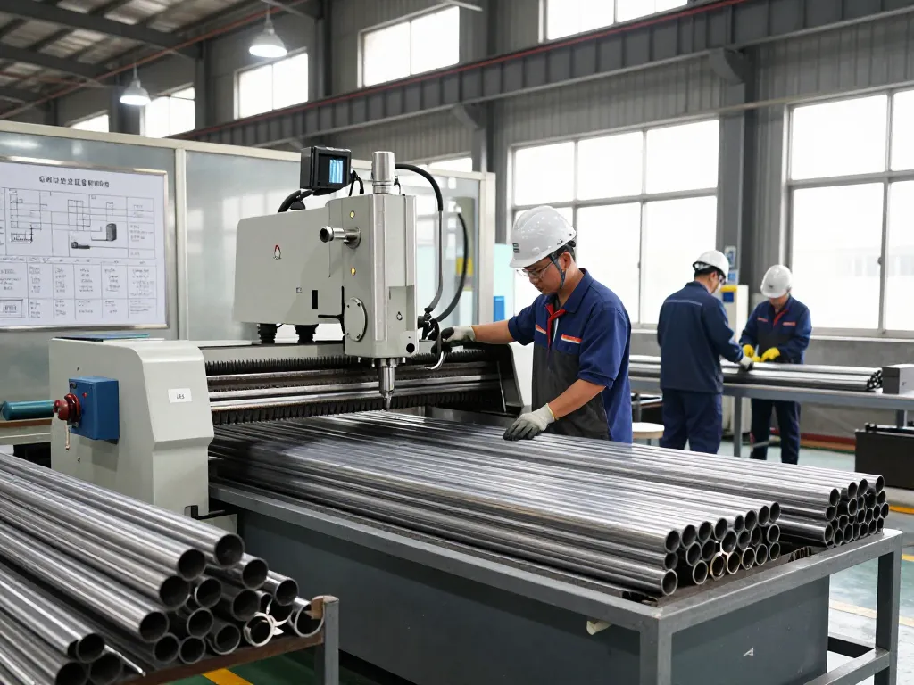 Skilled worker operating sumwin stainless steel cutting machine in a modern factory
