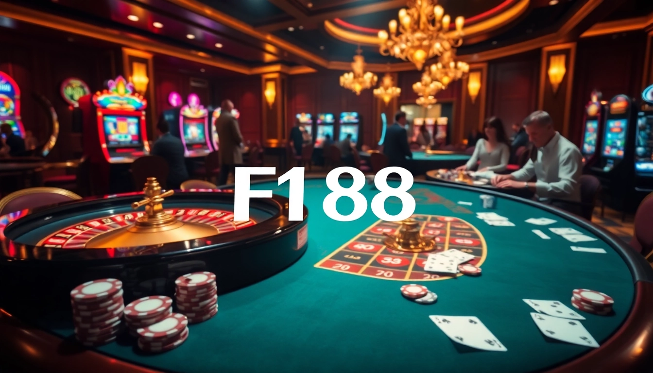 Gambling excitement at F168 casino with roulette table and vibrant poker players.