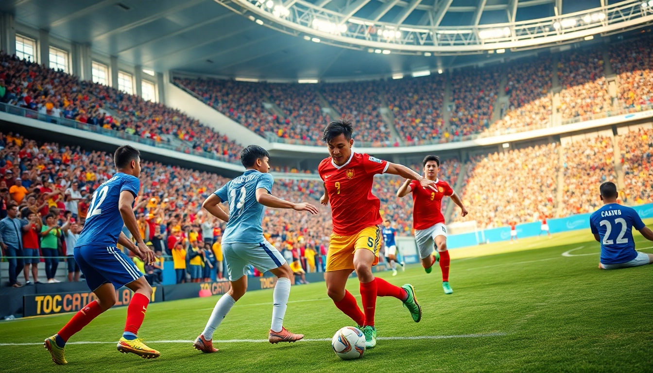 Exciting moment from Giải Bóng đá hạng Nhất Việt Nam match with players and cheering fans.