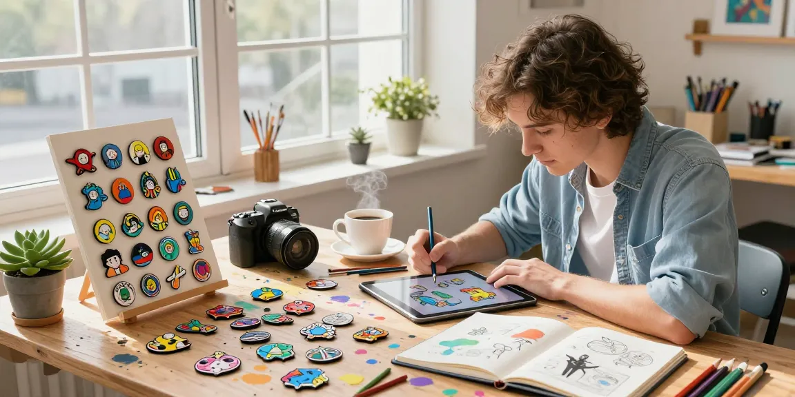 Custom acrylic pins displayed in a bright artist's studio, showcasing creativity and design.