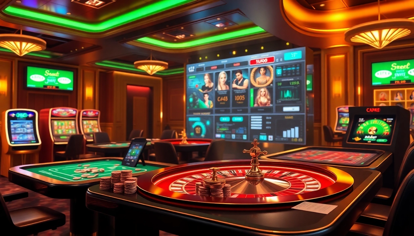 A thrilling online gambling scene at https://e2bet-games.org featuring illuminated casino tables and vibrant games.