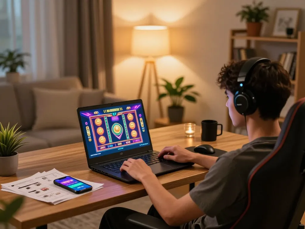 Player enjoying online gaming at LU88 with laptop and betting strategy notes in a cozy home setting