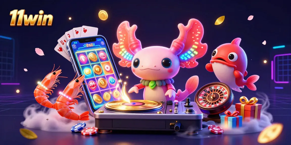 Experience the thrill of 11win with a vibrant 3D casino scene featuring unique characters and slot games.