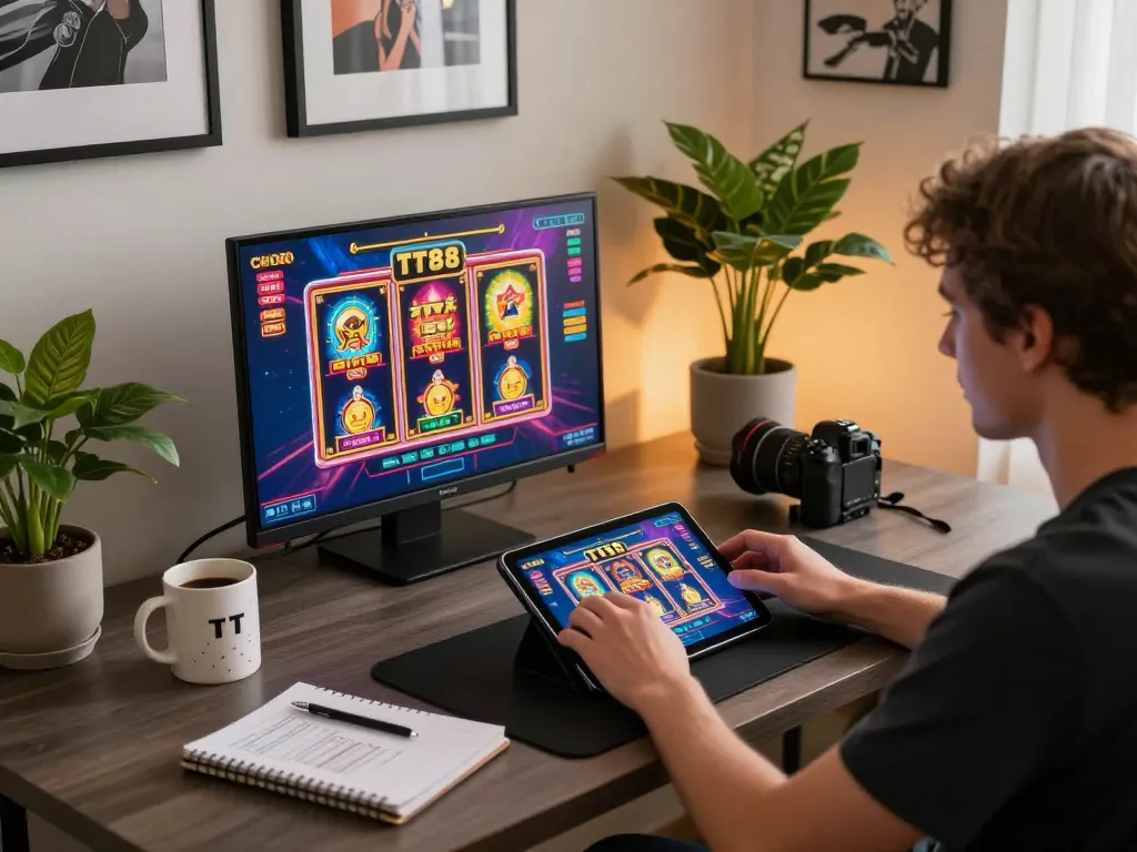 Player engaging with TT88 on a tablet, showcasing vibrant graphics and responsible gaming atmosphere