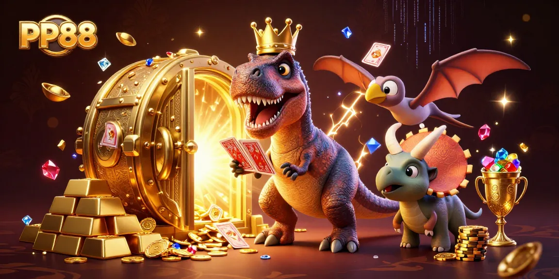 PP88 showcases engaging online gaming with a vibrant casino scene featuring cartoon dinosaurs.