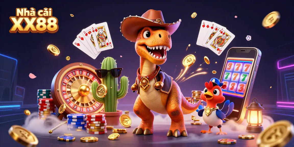 Play with Nhà cái XX88's captivating games surrounded by vibrant casino elements and dynamic characters.